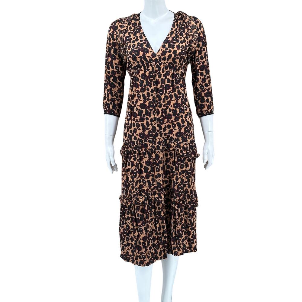 Ba&sh Dress Womens XS Camel Tracy Leopard Midi Ruffle Tiered V-Neck Mob Wife